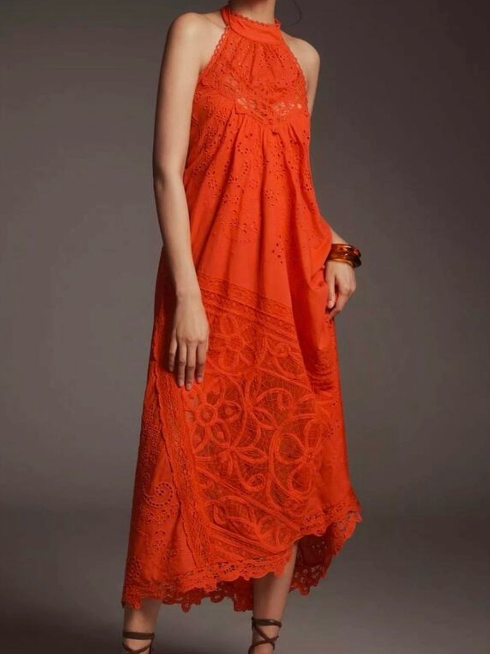 Anthropologie Halter Neck Orange Eyelet Lace Lined Maxi Dress Size XS NWOT